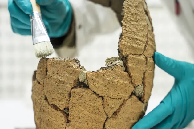 En delvis återihopsatt kruka stöttas av händer i blå handskar samtidigt som den rengörs med pensel. 