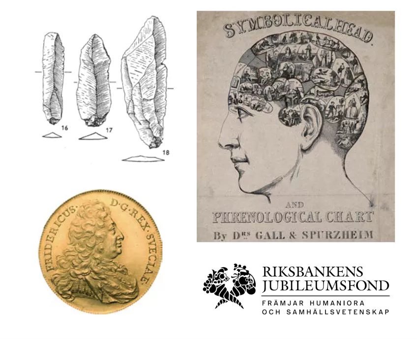 Collage av guldmynt, frenologisk karta, stenyxor.